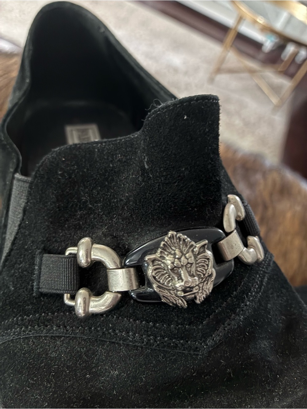 Black Suede Slip-On Loafers with Silver Horse-bit